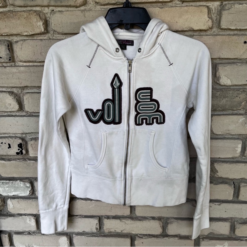 Volcom Women's White hoodie Jacket full zip front.